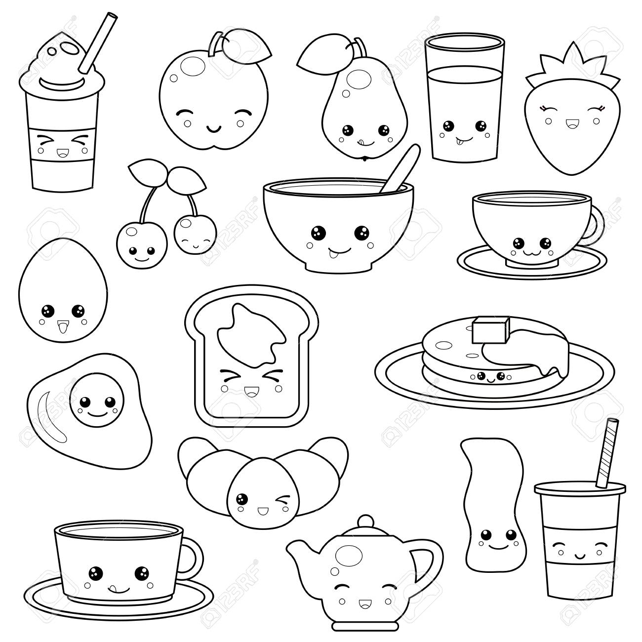 Nourriture Et Boissons De Petit Dejeuner Jeu D Icones Vectorielles Mignon Personnages De Dessins Animes Mignons Conception Pour Livre De Coloriage Clip Art Libres De Droits Vecteurs Et Illustration Image 79868265