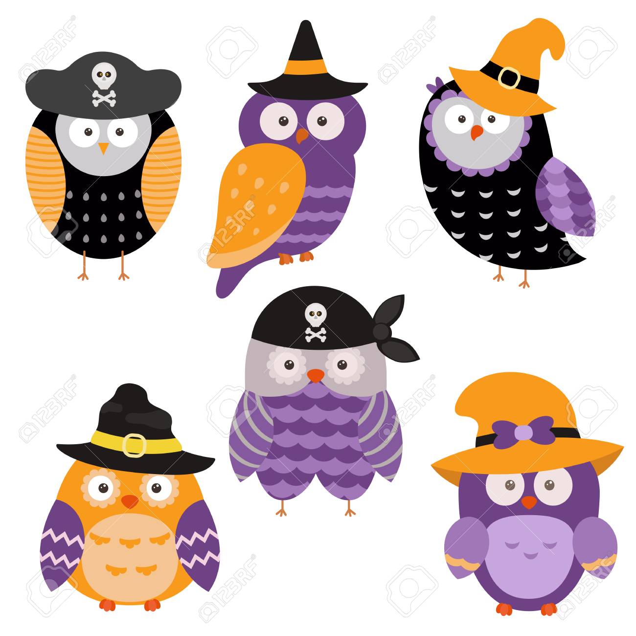 Collection of cute cartoon owls on a white background. Happy..