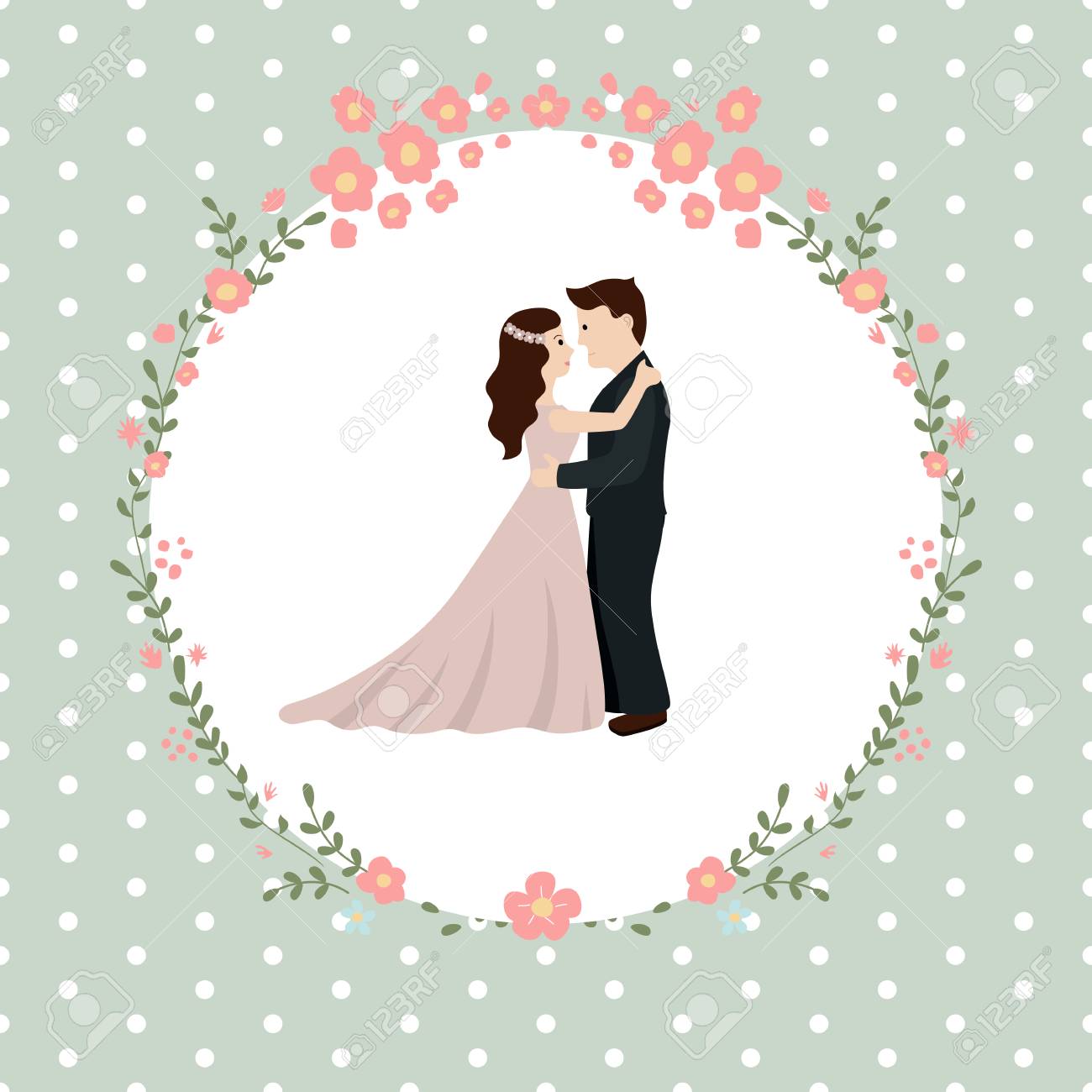 Save The Date. Wedding Invitation With Bride And Groom With Flowers Frame.  Royalty Free SVG, Cliparts, Vectors, and Stock Illustration. Image 86728694., image size:1300x1300