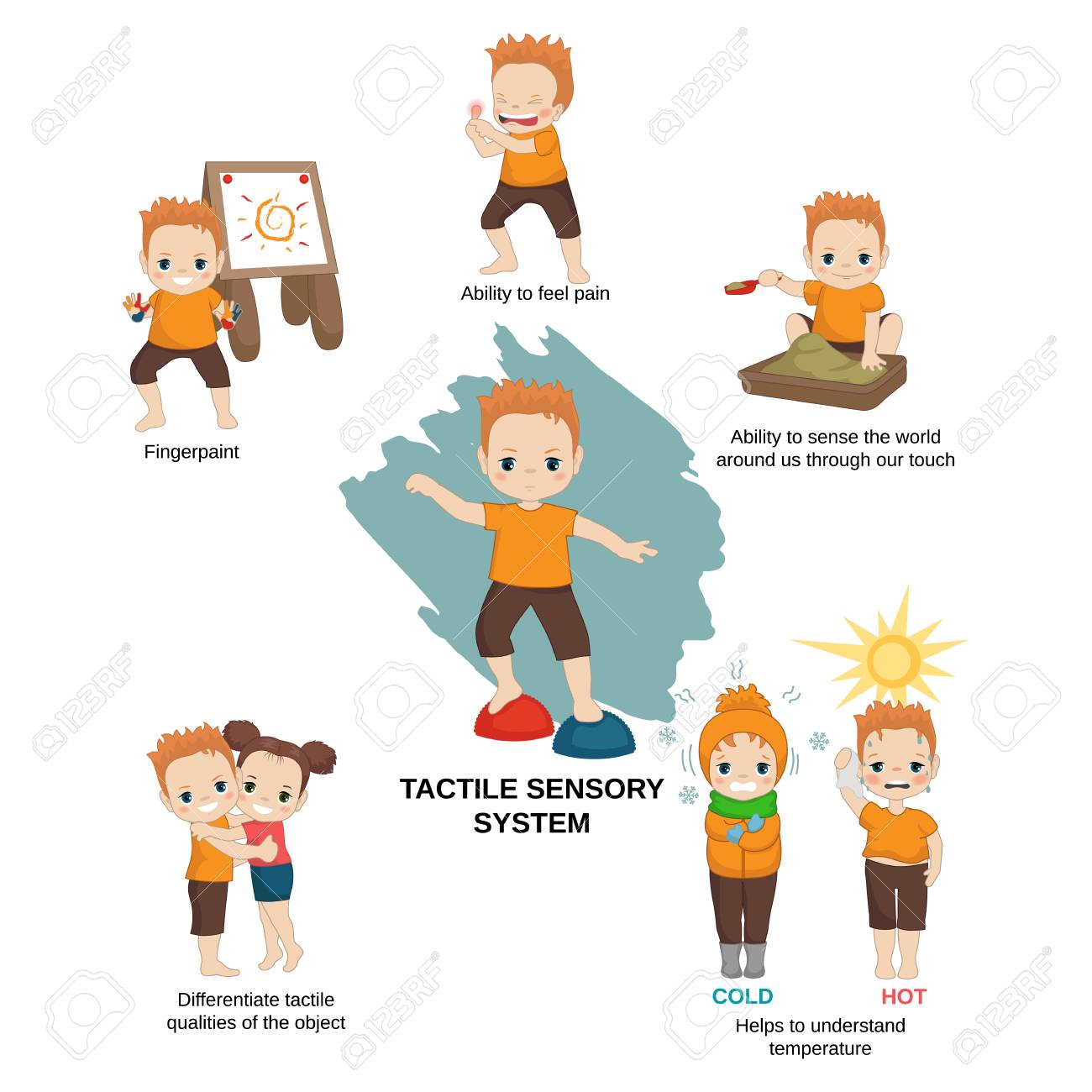 人間の感覚のベクトルイラスト 触覚感覚システム 私たちのタッチを通して私たちの周りの世界を感知する能力は 温度を理解するのに役立ちます のイラスト素材 ベクタ Image