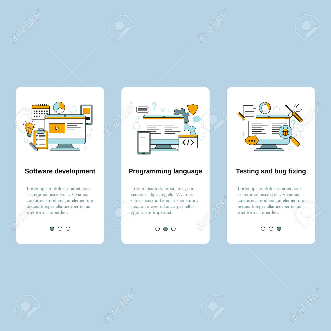 웹 사이트 모바일 웹 사이트 방문 페이지 Ui에 대한 소프트웨어 개발 프로그래밍 언어 테스트 및 버그 수정 벡터 템플릿 로열티 무료  사진, 그림, 이미지 그리고 스톡포토그래피. Image 156107083