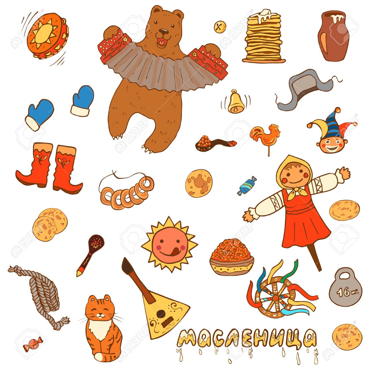 Maslenitsa. ensemble d'éléments de la semaine des crêpes: crêpes, ours, balalaïka, tambour, soleil, épouvantail de l'hiver, crème sure, bonbons, caviar rouge, balalaïka, accordéon. inscription russe - mardi gras. style de bande dessinée - 70662748 Maslenitsa. ensemble d'éléments de la semaine des crêpes: crêpes, ours, balalaïka, tambour, soleil, épouvantail de l'hiver, crème sure, bonbons, caviar rouge, balalaïka, accordéon. inscription russe - mardi gras. style de bande dessinée - 70662748