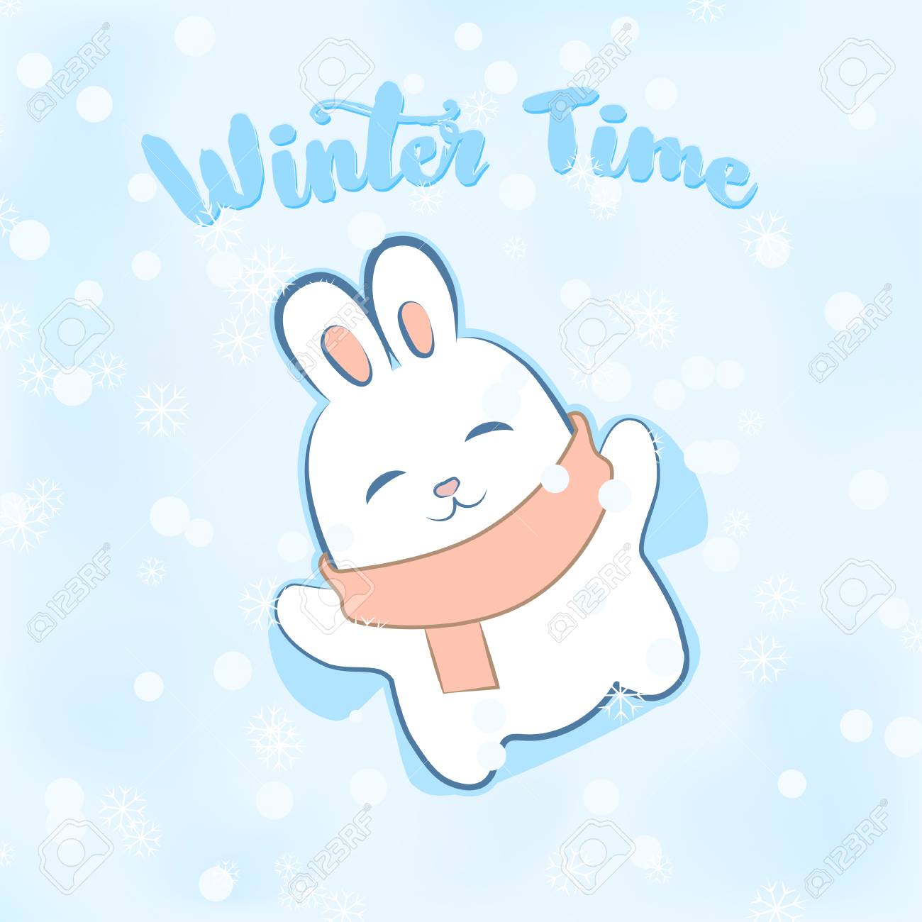 碑文 冬時間で冬のグリーティング カード かわいいウサギの雪の中で横になっていると 雪の天使を作るします 漫画のキャラクター のイラスト素材 ベクタ Image