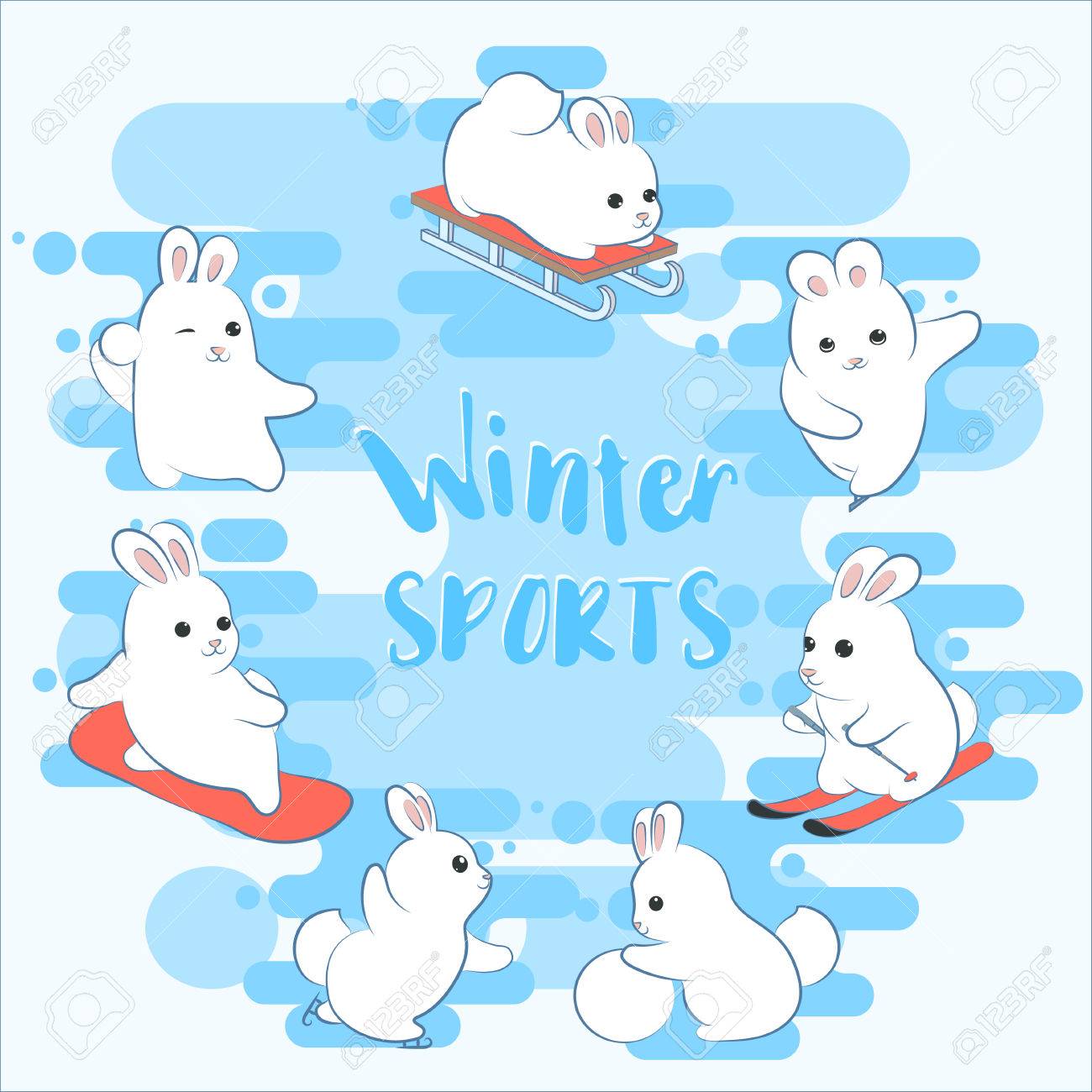冬のスポーツ トラック そり 雪 スノーボード スケート スキー 短い かわいいウサギは アクションの別の冬です 漫画のスタイル のイラスト素材 ベクタ Image