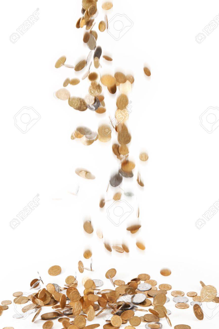 黄金のコインから雨が降る。白で隔離されます。の写真素材・画像素材 Image 10993430