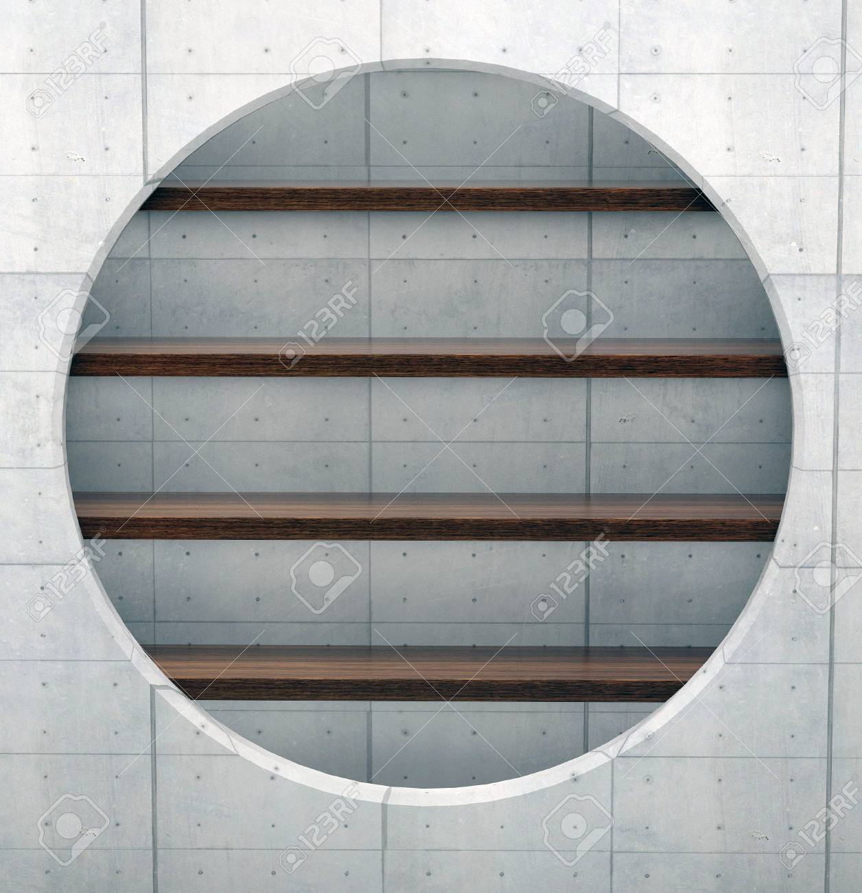 3 D イラスト コンクリート建築のソケットで空の木製の棚 の写真