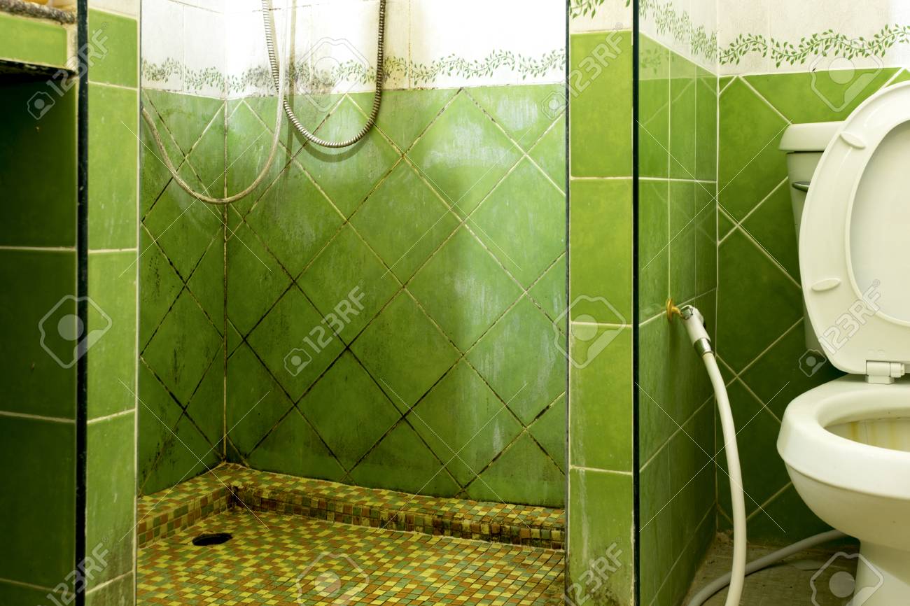 グリーン セラミック タイル トイレ 白い便器 汚れ カビ カビ 床ドレン カラフルです の写真素材 画像素材 Image
