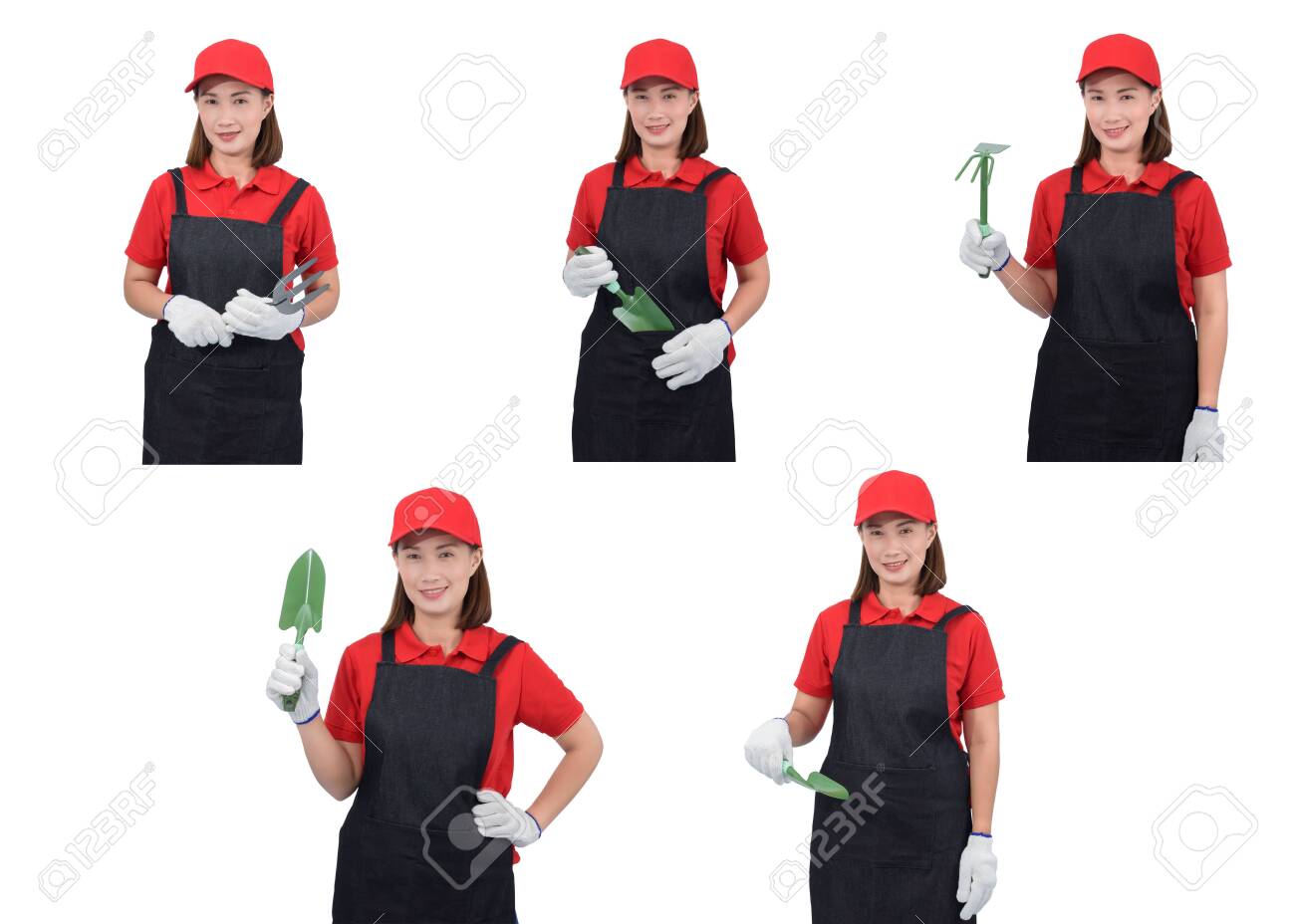 Collection set of portrait of a worker woman or Servicewoman in Red shirt and apron is holding Shovel for Cultivators isolated on white background. Hand-made, DIY concept - 149184508 Collection set of portrait of a worker woman or Servicewoman in Red shirt and apron is holding Shovel for Cultivators isolated on white background. Hand-made, DIY concept - 149184508
