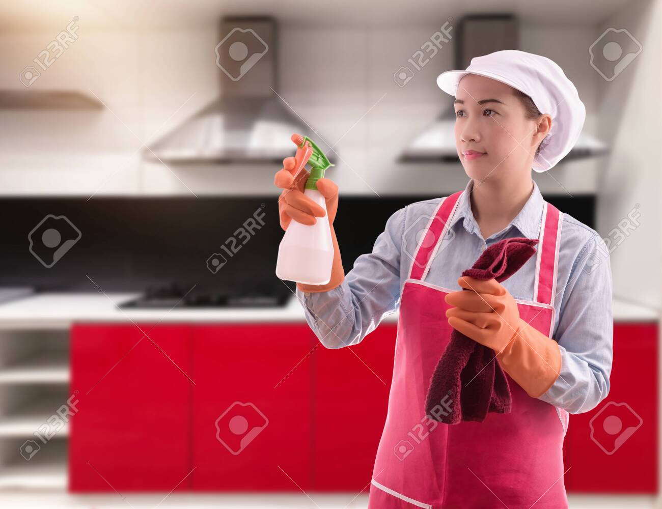 Cleaning concept Woman with washing fluids and rags in hands and cleaning equipment ready to clean house on blurred kitchen background - 149184547 Cleaning concept Woman with washing fluids and rags in hands and cleaning equipment ready to clean house on blurred kitchen background - 149184547