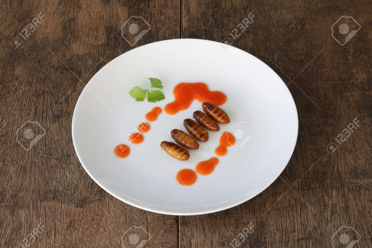 Insects food.Fried silkworm pupae on wooden blackground.Silkworm pupae are rich protein and good fats.Insects are food future for all people - 157214392 Insects food.Fried silkworm pupae on wooden blackground.Silkworm pupae are rich protein and good fats.Insects are food future for all people - 157214392