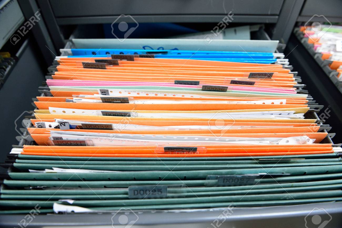 File Folders In A Filing Cabinet For Document Storage Stock Photo