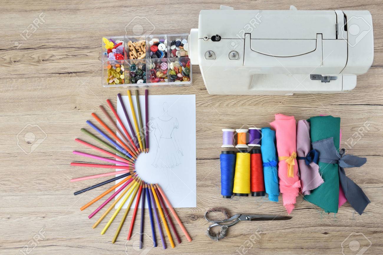 Fashion Design Tools For Sewing On Wooden Background Top View Stock Photo Picture And Royalty Free Image Image 82339675