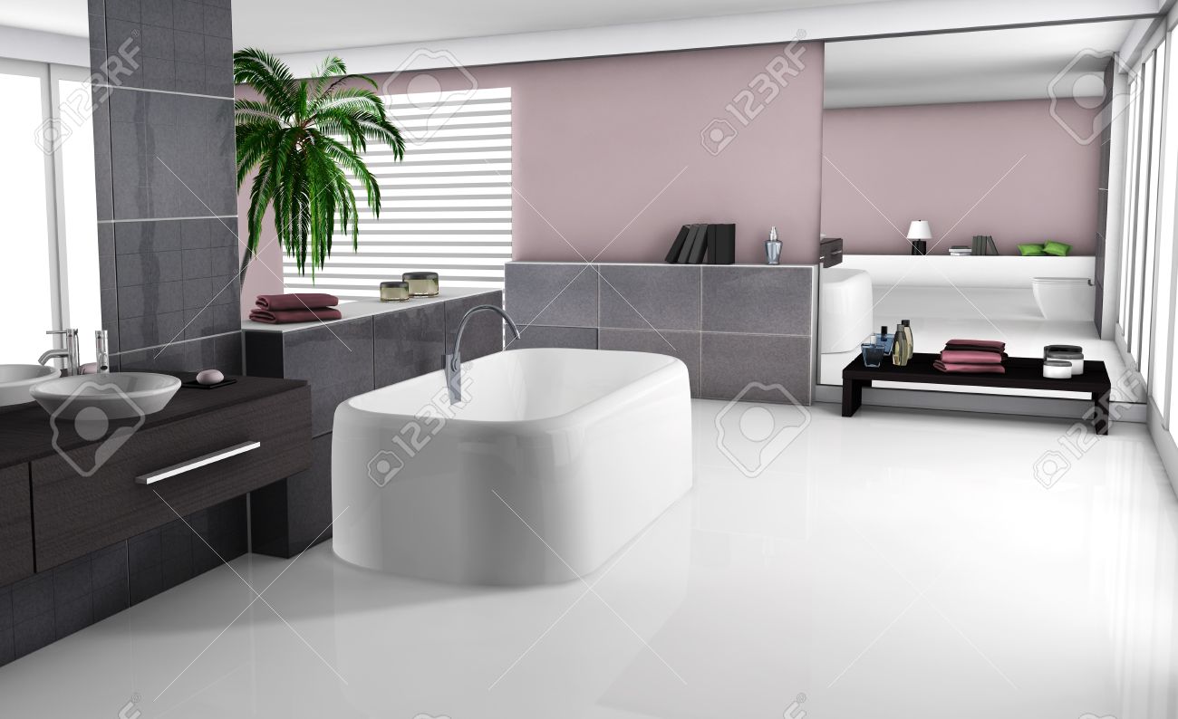 Modern hemmiljö av ett lyxigt badrum med moderna möbler och design ...