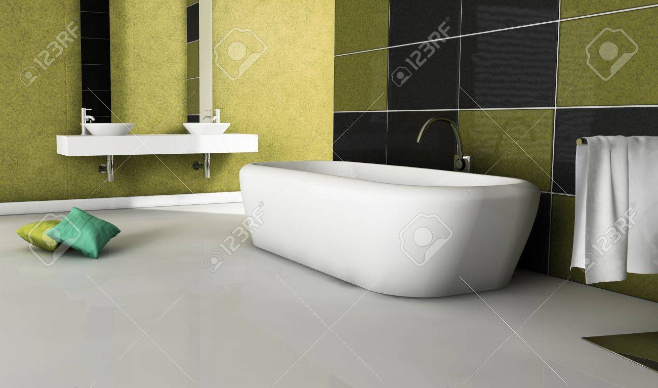 Contemporary Bathroom With Modern Design And Furniture, Colored In Gold  Yellow, Black And White, 3d Rendering Stock Photo, Picture and Royalty Free  Image. Image 19090036., image size:1300x767