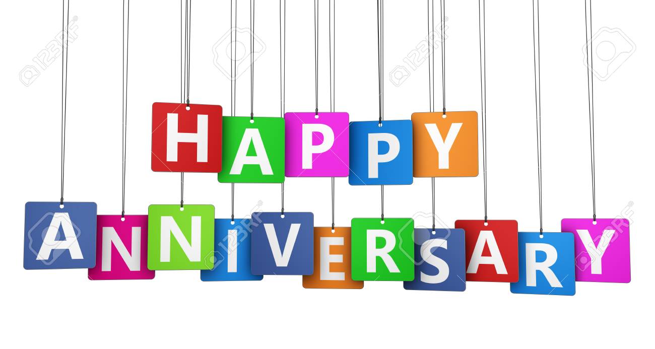 happy anniversary sign on colorful paper tags 3d illustration happy anniversary sign