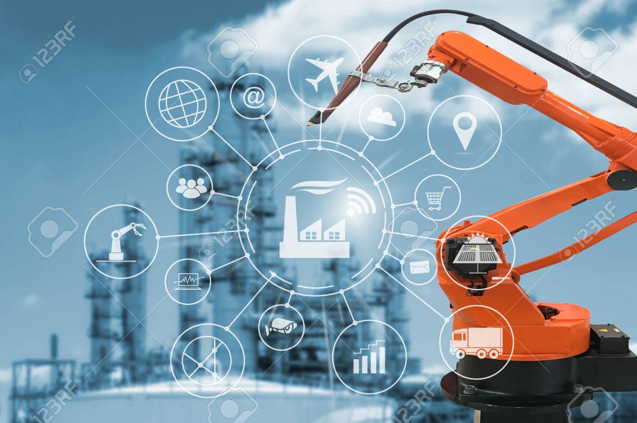 Industry 4.0 concept, smart factory with icon flow automation and data exchange in manufacturing technologies. - 78182300 Industry 4.0 concept, smart factory with icon flow automation and data exchange in manufacturing technologies. - 78182300