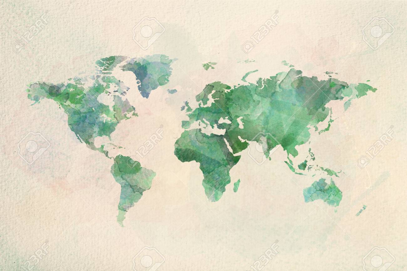 Watercolor Vintage World Map In Green Colors On Paper Texture