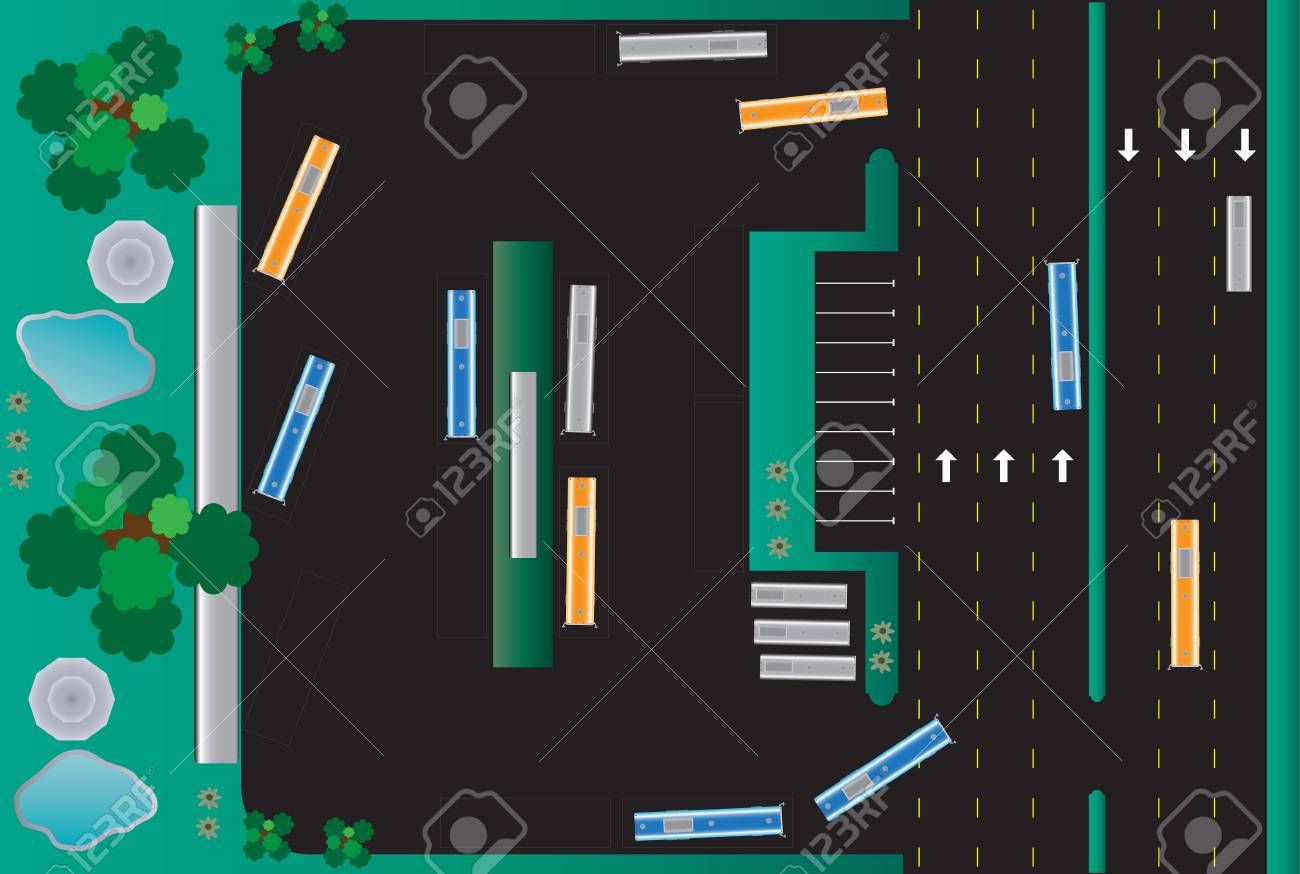 Layout Of City Bus Station Building Landscape Vector Illustration