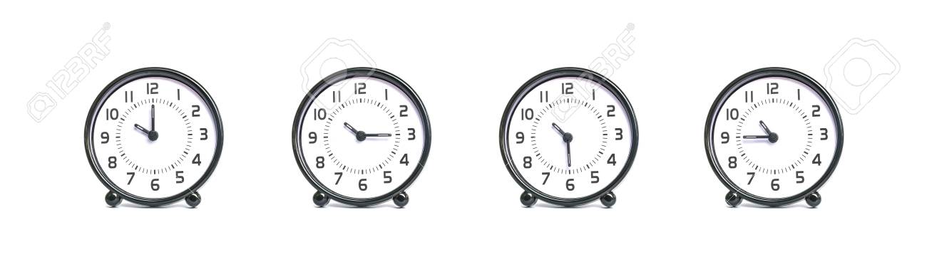 Closeup Group Of Black And White Clock Show The Time In 10 10 15 10 30 10 45 A M Isolated On White Background Stock Photo Picture And Royalty Free Image Image