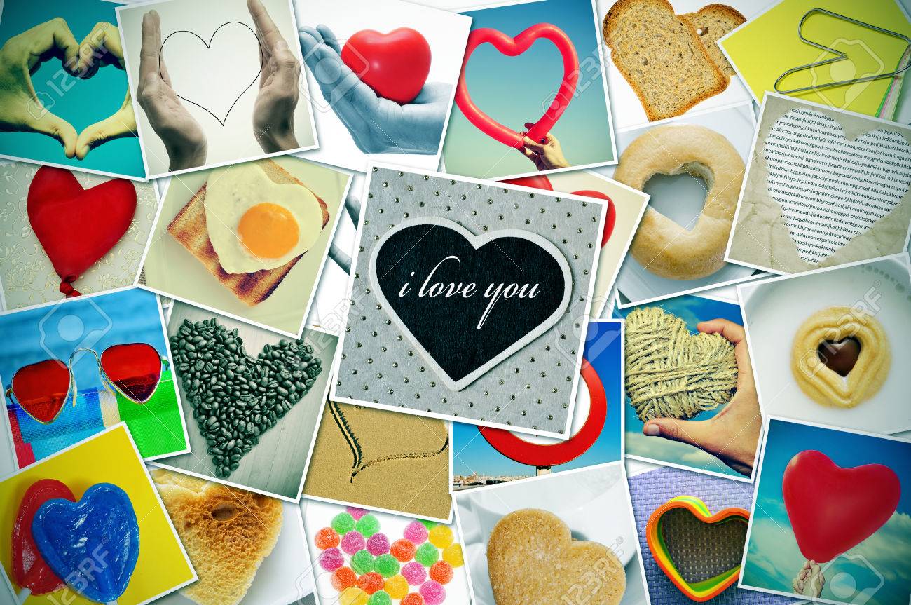 ハートとハート型のもの それらのいずれか自分で撮影の異なるスナップショットのコラージュ センターでは 文と私はあなたを愛して の写真素材 画像素材 Image