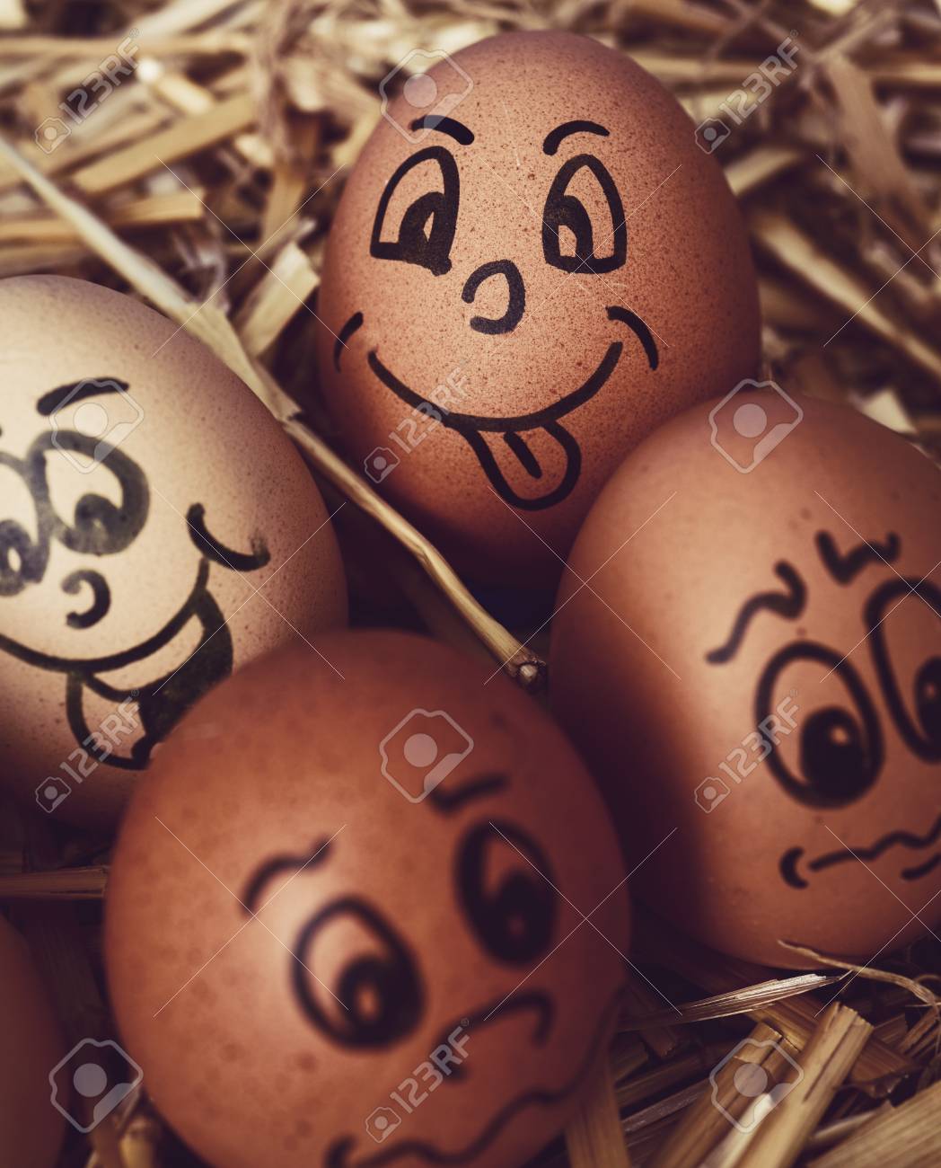 Closeup Of Some Brown Different Eggs With Funny Faces On A Pile Straw Stock Photo
