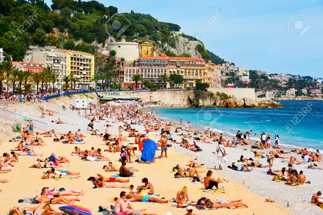 nice france june 4 2017 people sunbathing on the beach in