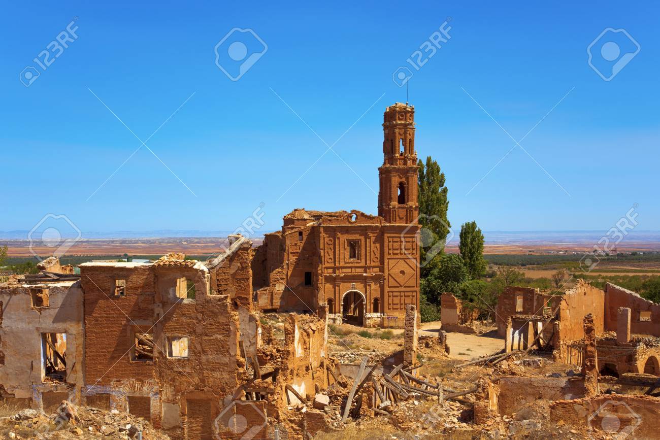 a view of the remains of the old town of Belchite, Spain, destroyed during the Spanish Civil War and abandoned from then, highlighting the San Martin de Tours church - 87483372 a view of the remains of the old town of Belchite, Spain, destroyed during the Spanish Civil War and abandoned from then, highlighting the San Martin de Tours church - 87483372