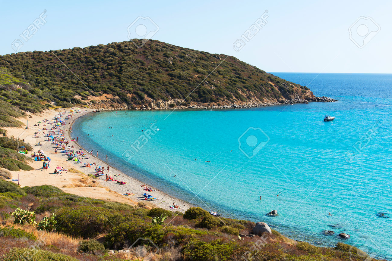 Cagliari Italy September 15 2017 People Swimming And Sunbathing