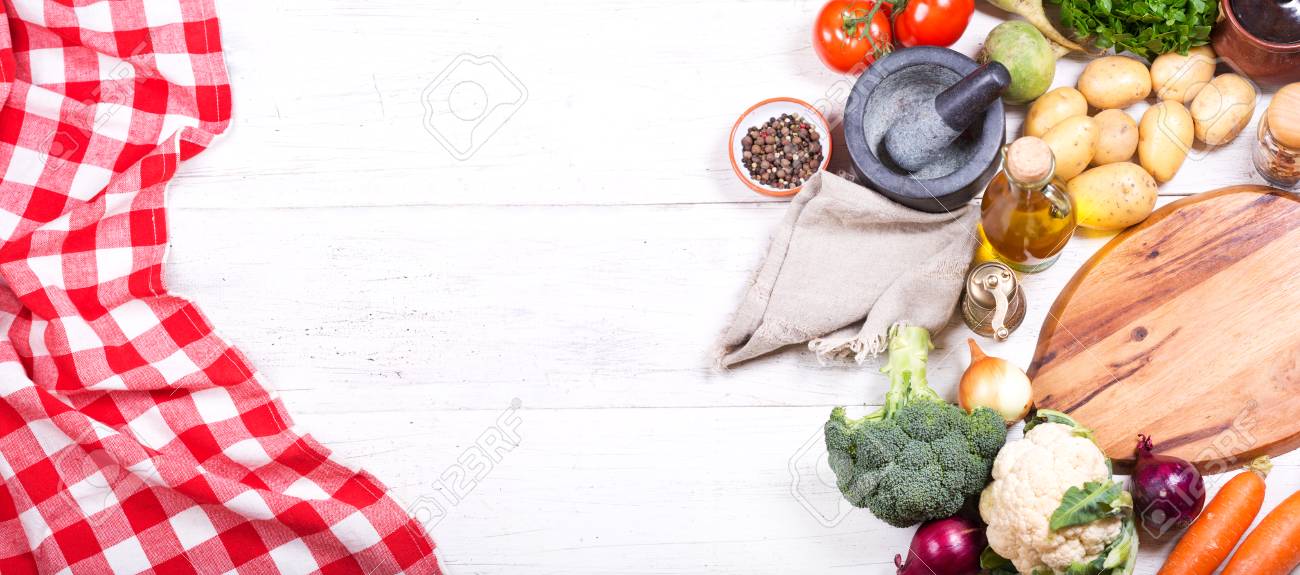 Empty Board With Various Products For Cooking On Wooden Table... Stock  Photo, Picture And Royalty Free Image. Image 67206427.