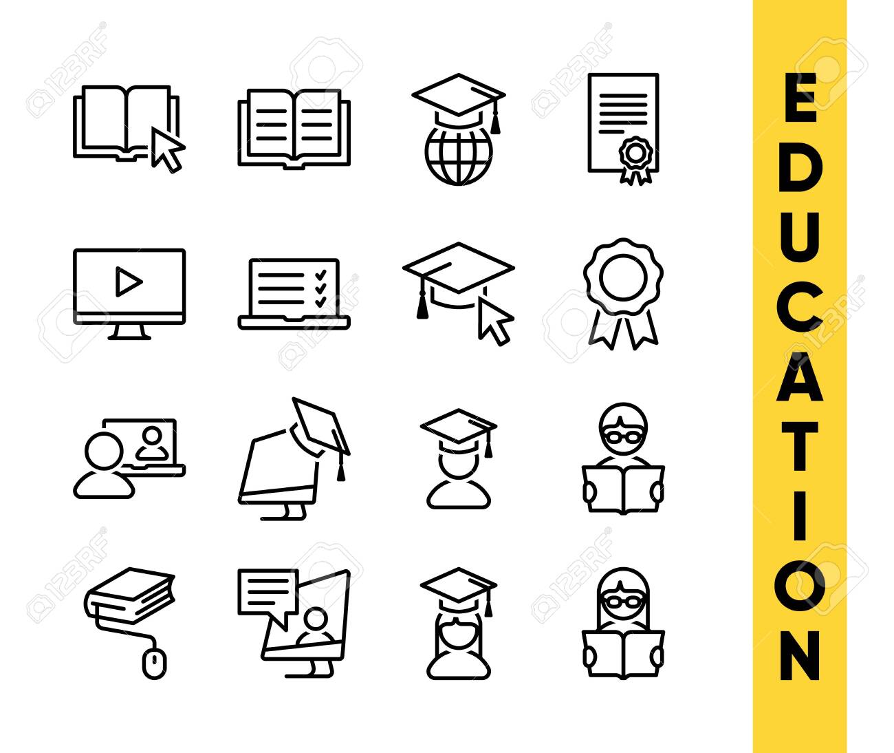 Education Vector Icons Set For Internet And Online Education, E-learning  Resources, Distant Online Courses, Colleges, Academies Universities And  Schools. Line Art Minimalist Style. Black Color. Клипарты, SVG, векторы, и  Набор Иллюстраций Без