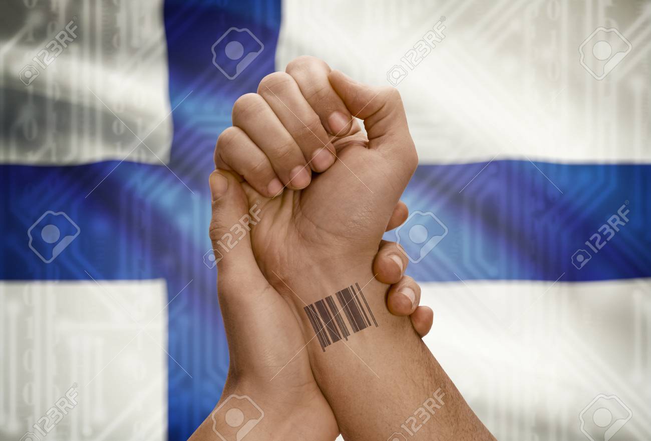 Barcode ID Number Tattoo On Wrist Of Dark Skinned Person And National Flag  On Background - Finland Stock Photo, Picture and Royalty Free Image. Image  48067567., image size:1300x882