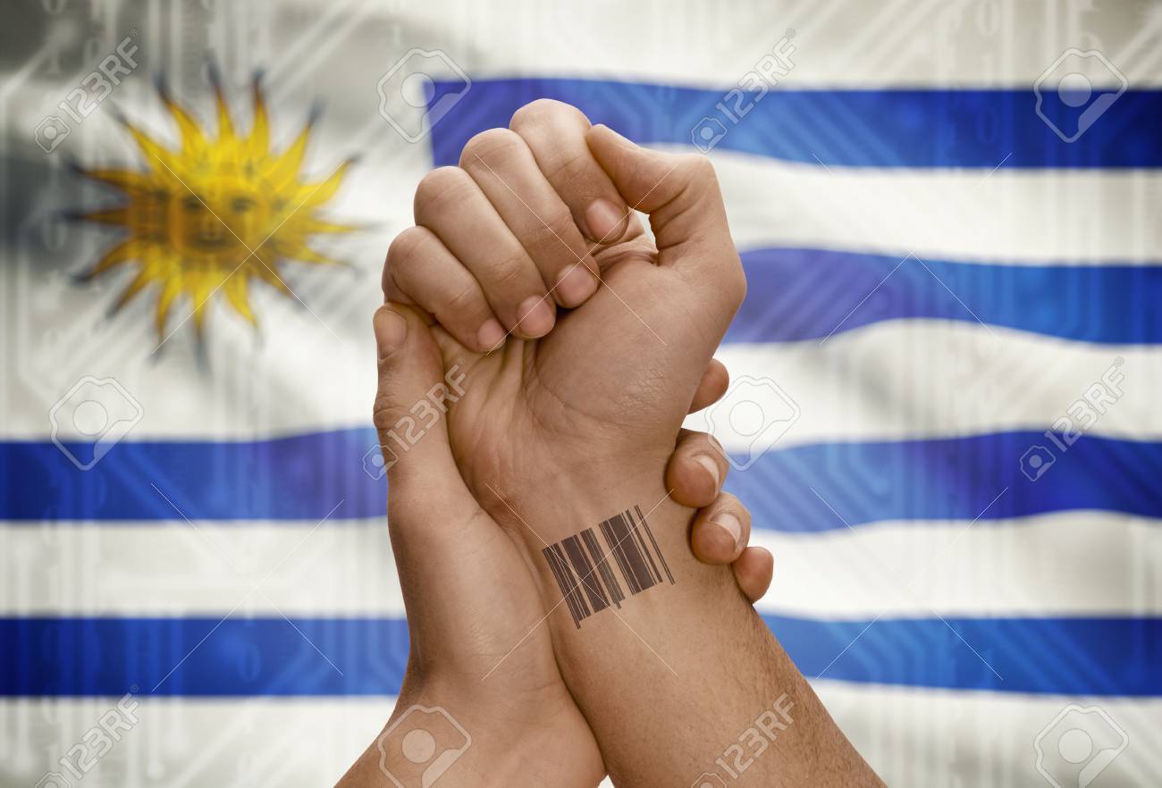 Barcode ID Number Tattoo On Wrist Of Dark Skinned Person And National Flag  On Background - Uruguay Stock Photo, Picture and Royalty Free Image. Image  48069162., image size:1300x882