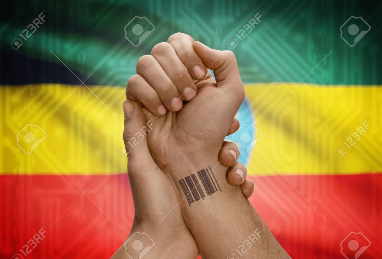 Barcode ID Number Tattoo On Wrist Of Dark Skinned Person And National Flag  On Background - Ethiopia Stock Photo, Picture And Royalty Free Image. Image  48090589.