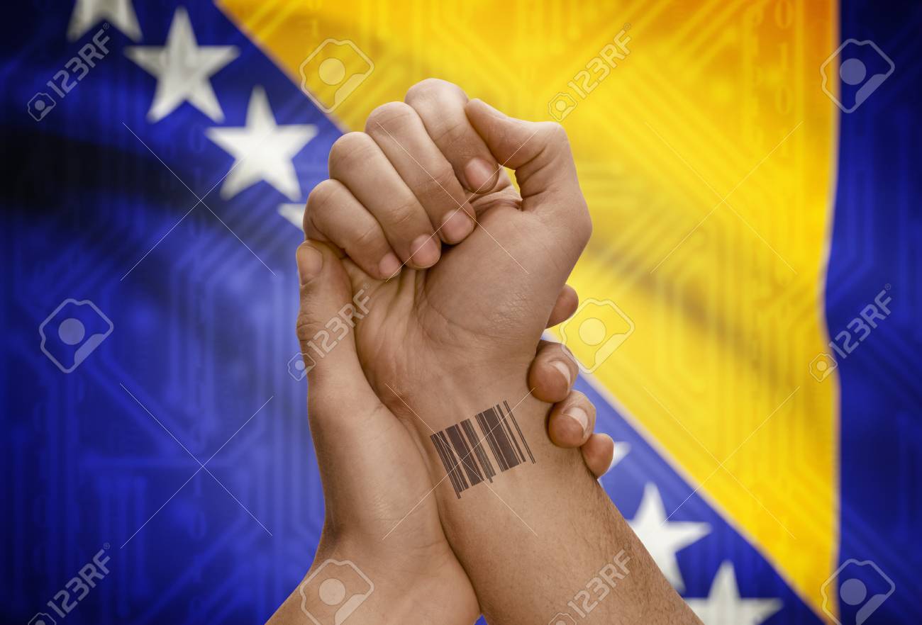 Barcode ID Number Tattoo On Wrist Of Dark Skinned Person And National Flag  On Background - Bosnia And Herzegovina Stock Photo, Picture and Royalty  Free Image. Image 48090591., image size:1300x882