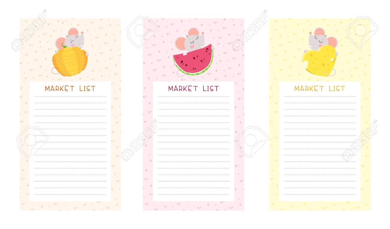 market lists flat vector templates set cute mice holding pumpkin cute lists