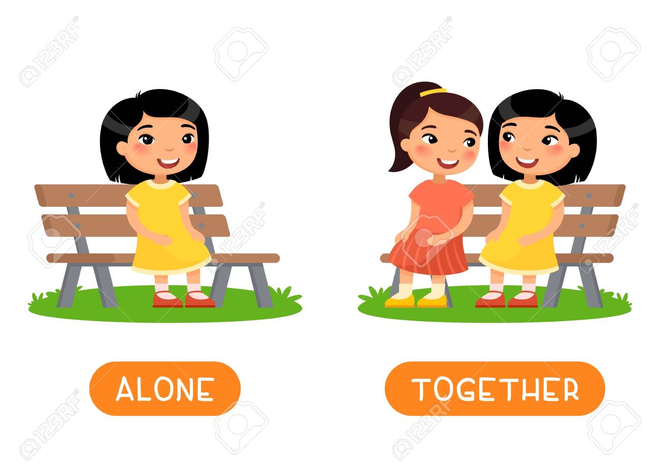Alone And Together Antonyms Word Card Vector Template Flashcard For English Language Learning Opposites Concept Two