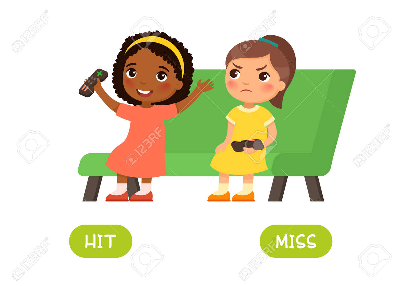 Hit and miss antonyms word card, Opposites concept. Flashcard for english language learning. Little African girl won a computer game and is happy, another European child is unhappy about losing - 164126838 Hit and miss antonyms word card, Opposites concept. Flashcard for english language learning. Little African girl won a computer game and is happy, another European child is unhappy about losing - 164126838