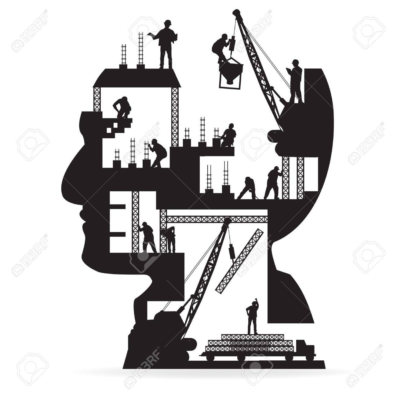 Building under construction with workers in sIlhouette of a head, Vector illustration template design - 19714782 Building under construction with workers in sIlhouette of a head, Vector illustration template design - 19714782