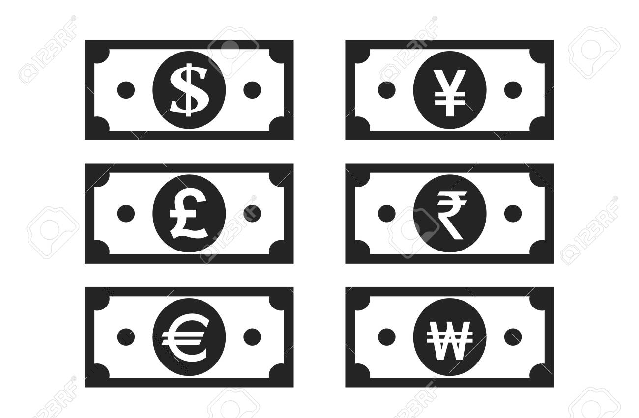 통화 지폐 아이콘입니다. 달러, 유로, 영국 파운드, 일본 엔, 인도 루피, 한국 원화 기호. 재무 디자인 요소 로열티 무료 사진,  그림, 이미지 그리고 스톡포토그래피. Image 149749256
