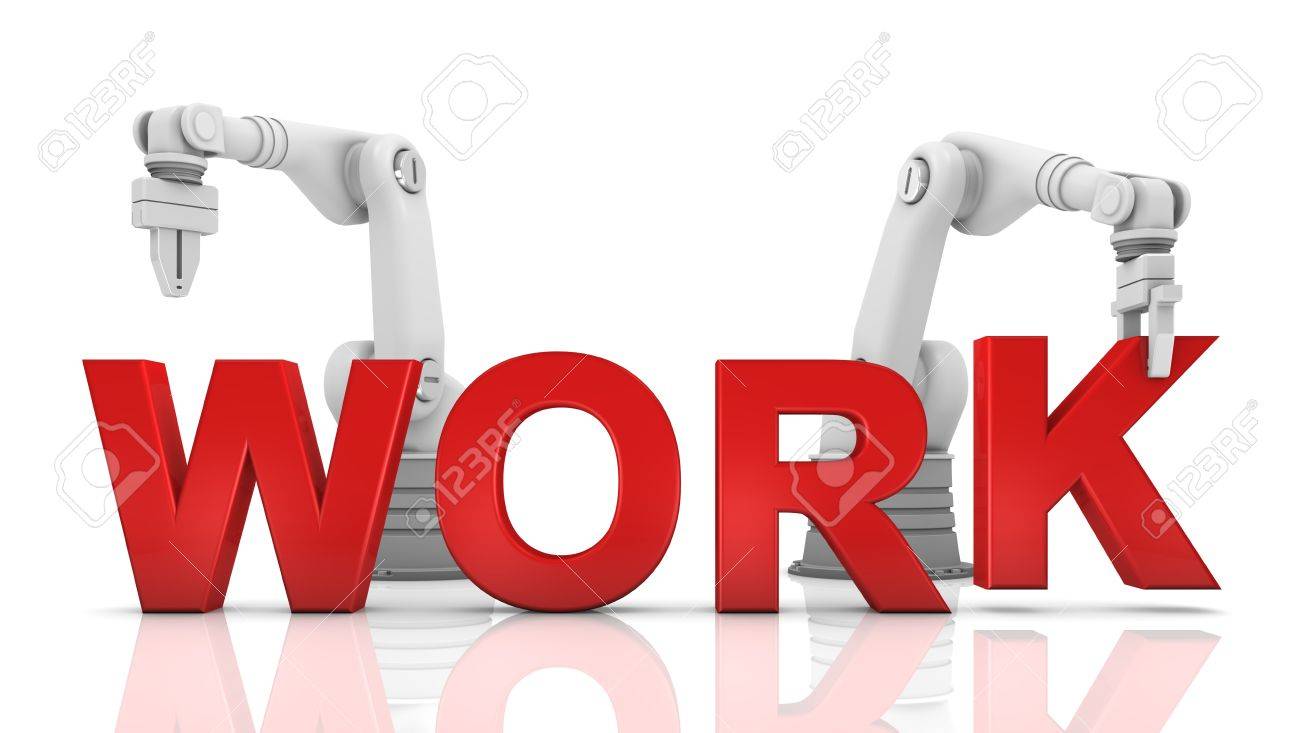 industrial robotic arms building work word on white background stock