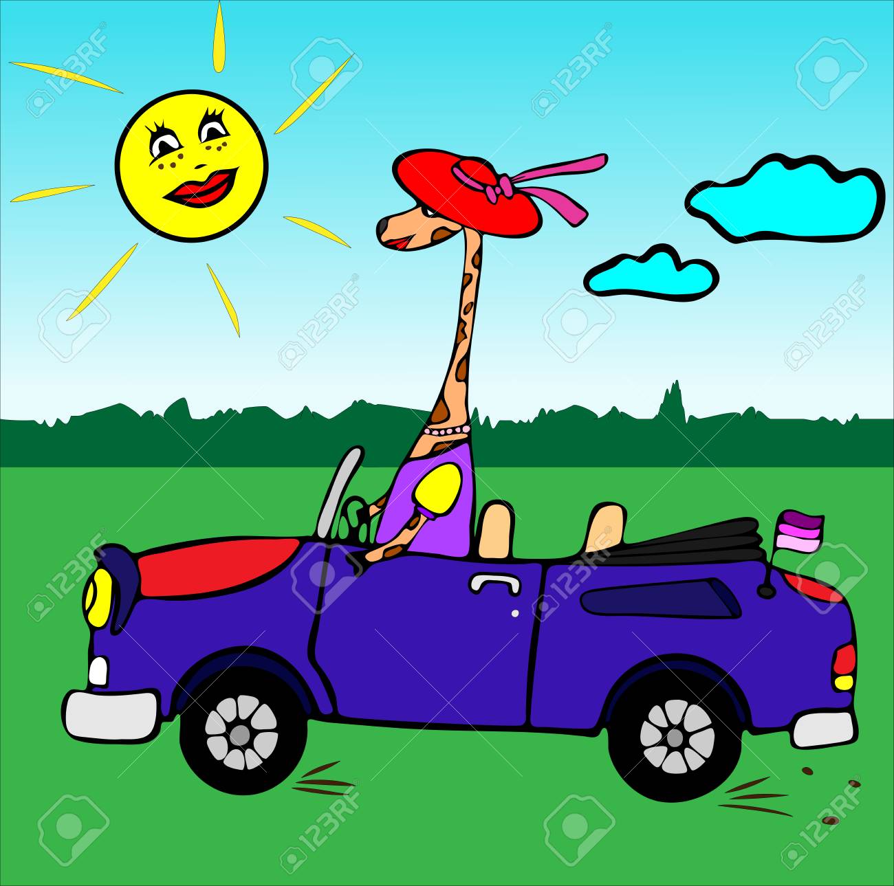 赤い帽子で輪郭キリンの女の子を描くオープントップ キャラクターの漫画の変更と青い車に乗ります のイラスト素材 ベクタ Image 9447