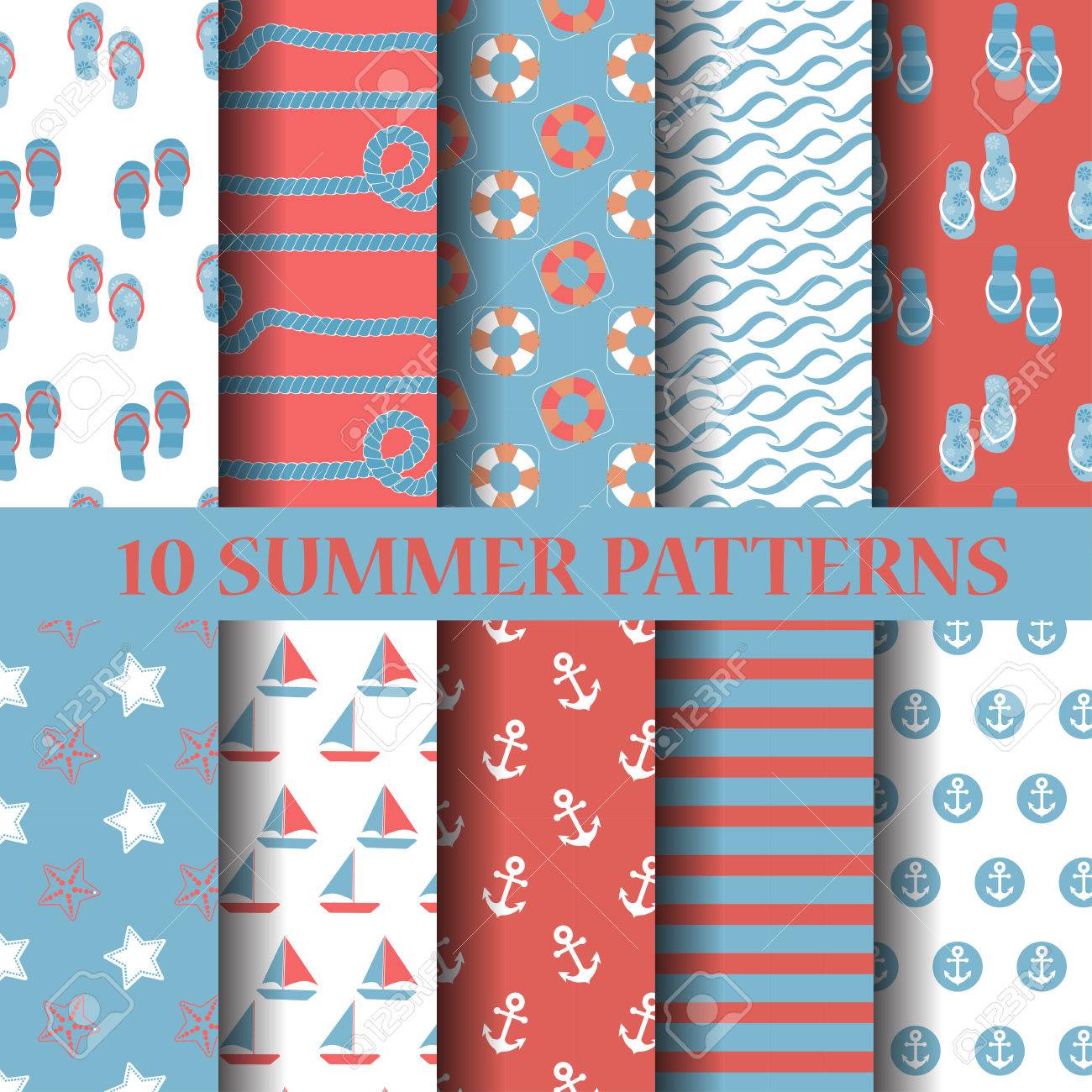 10 の異なる夏パターン スウォッチ ベクトル無限テクスチャをすることができます壁紙 パターンの塗りつぶし 背景には Web ページ用の表面 のイラスト素材 ベクタ Image