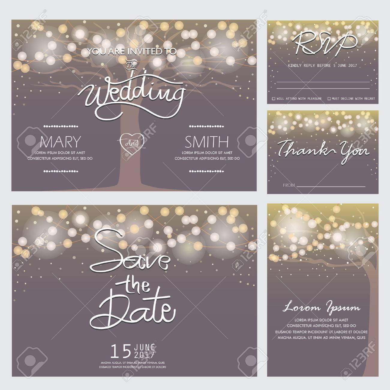 wedding invitation rsvp and thank you card templates light