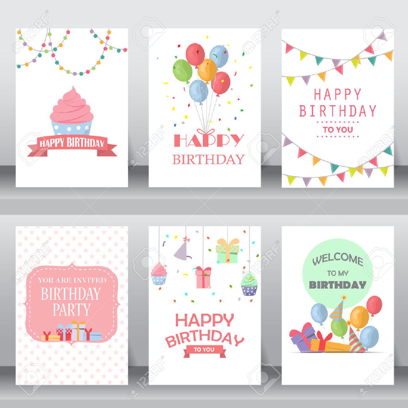 happy birthday, holiday, christmas greeting and invitation card. there are balloon, gift boxes, confetti, cup cake. layout template in A4 size. vector illustration - 53611189 happy birthday, holiday, christmas greeting and invitation card. there are balloon, gift boxes, confetti, cup cake. layout template in A4 size. vector illustration - 53611189