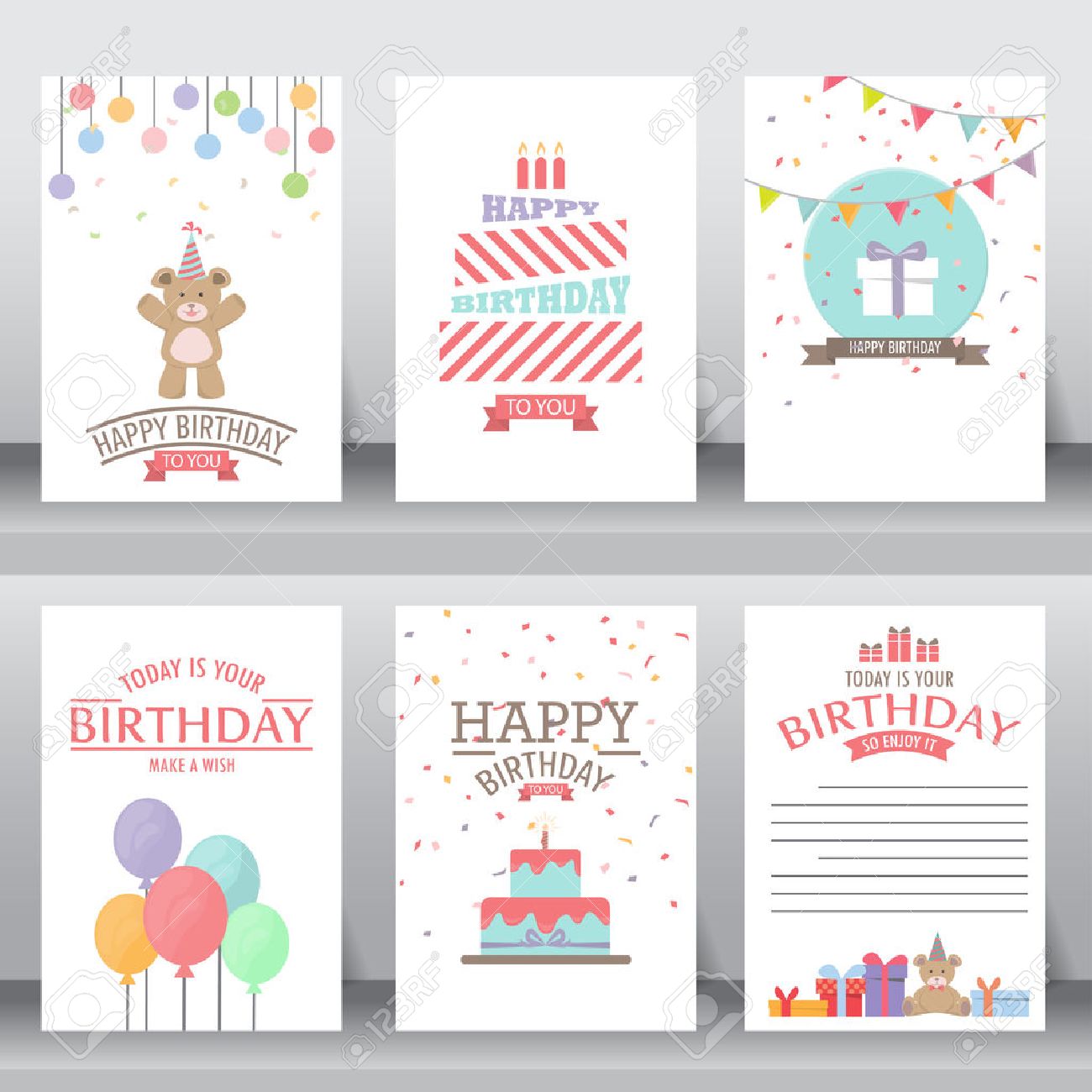 happy birthday, holiday, christmas greeting and invitation card. there are teddy bear, gift boxes, confetti, cake and balloon. vector illustration - 54795282 happy birthday, holiday, christmas greeting and invitation card. there are teddy bear, gift boxes, confetti, cake and balloon. vector illustration - 54795282