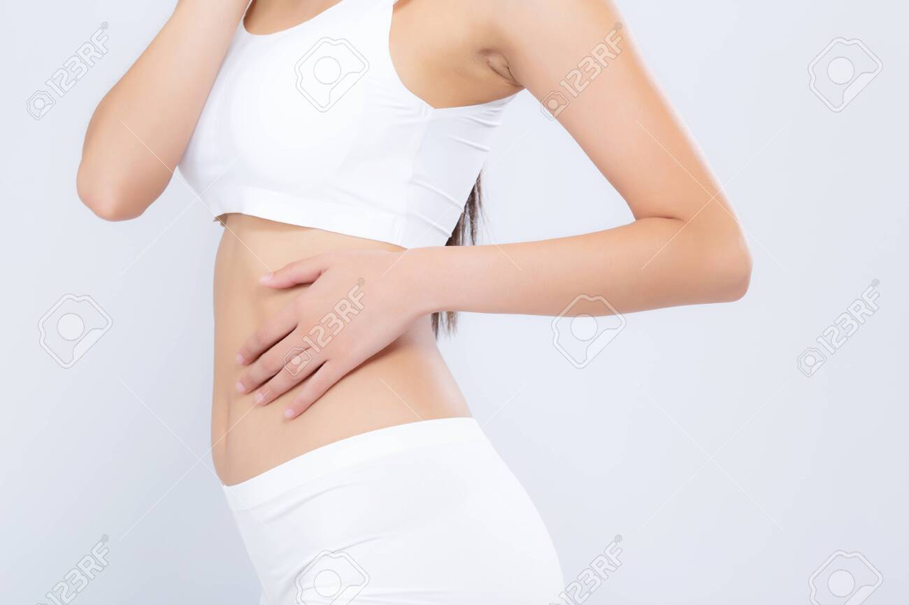 Closeup asian woman beautiful body diet with fit isolated on white background, model girl weight slim with cellulite or calories, health and wellness concept. - 125829449 Closeup asian woman beautiful body diet with fit isolated on white background, model girl weight slim with cellulite or calories, health and wellness concept. - 125829449