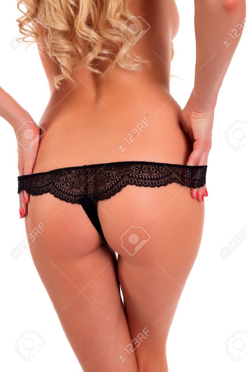 Woman Pulls Down Her Panties, Isolated On White Stock Photo