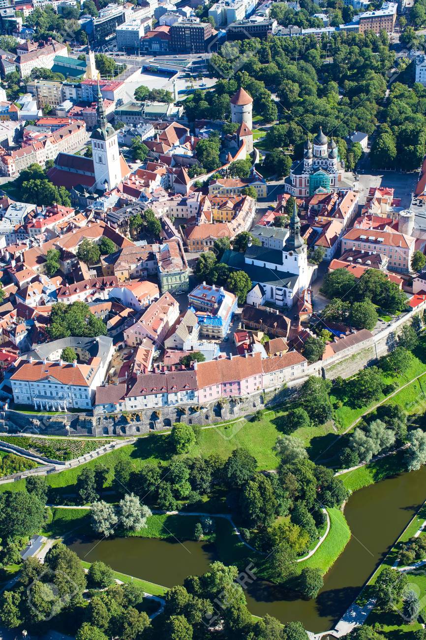 Above View From Helicopter At Medieval Old Town Of Tallinn