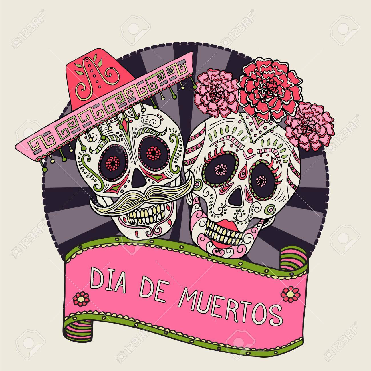 砂糖の頭蓋骨が 2 つのベクトルの死者の日のイラスト のイラスト素材 ベクタ Image