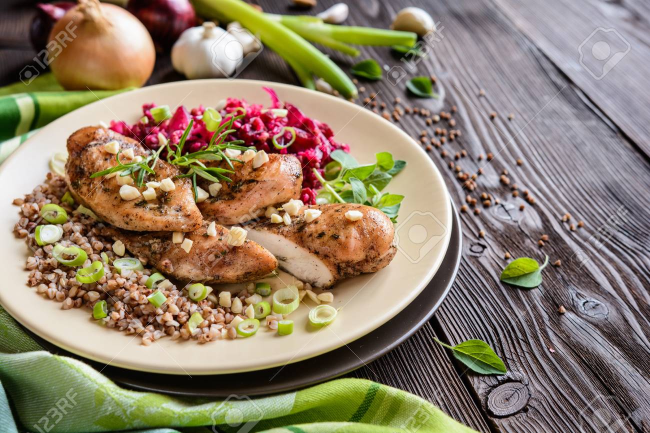 Baked Chicken Breast With Boiled Buckwheat And Steamed Beetroot Stock Photo Picture And Royalty Free Image Image 63695399